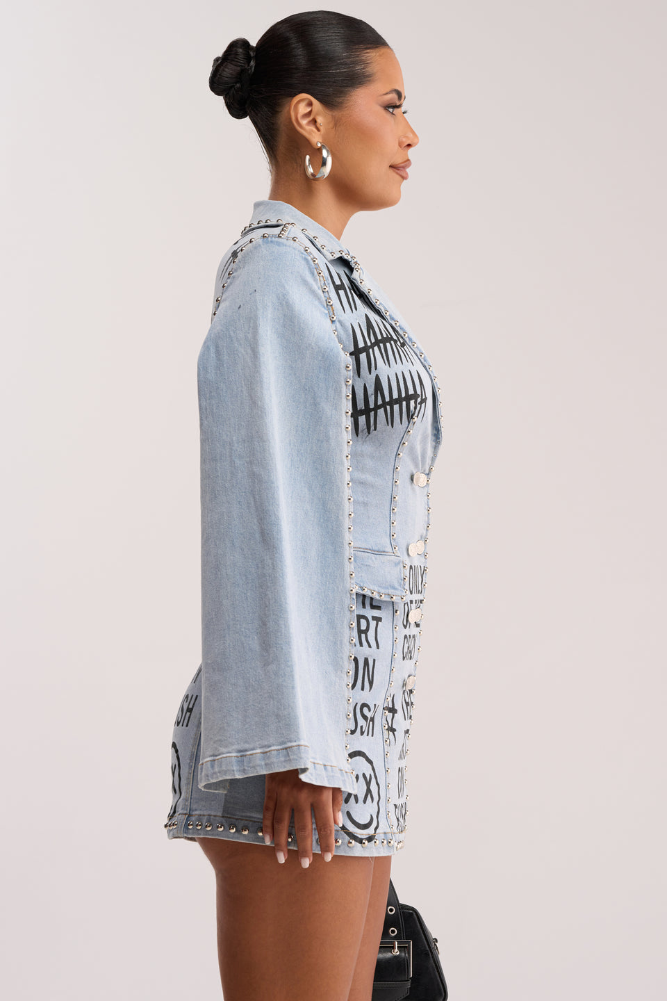 AKIRA Mark My Words Graphic Studded Cape Dress | Light Blue