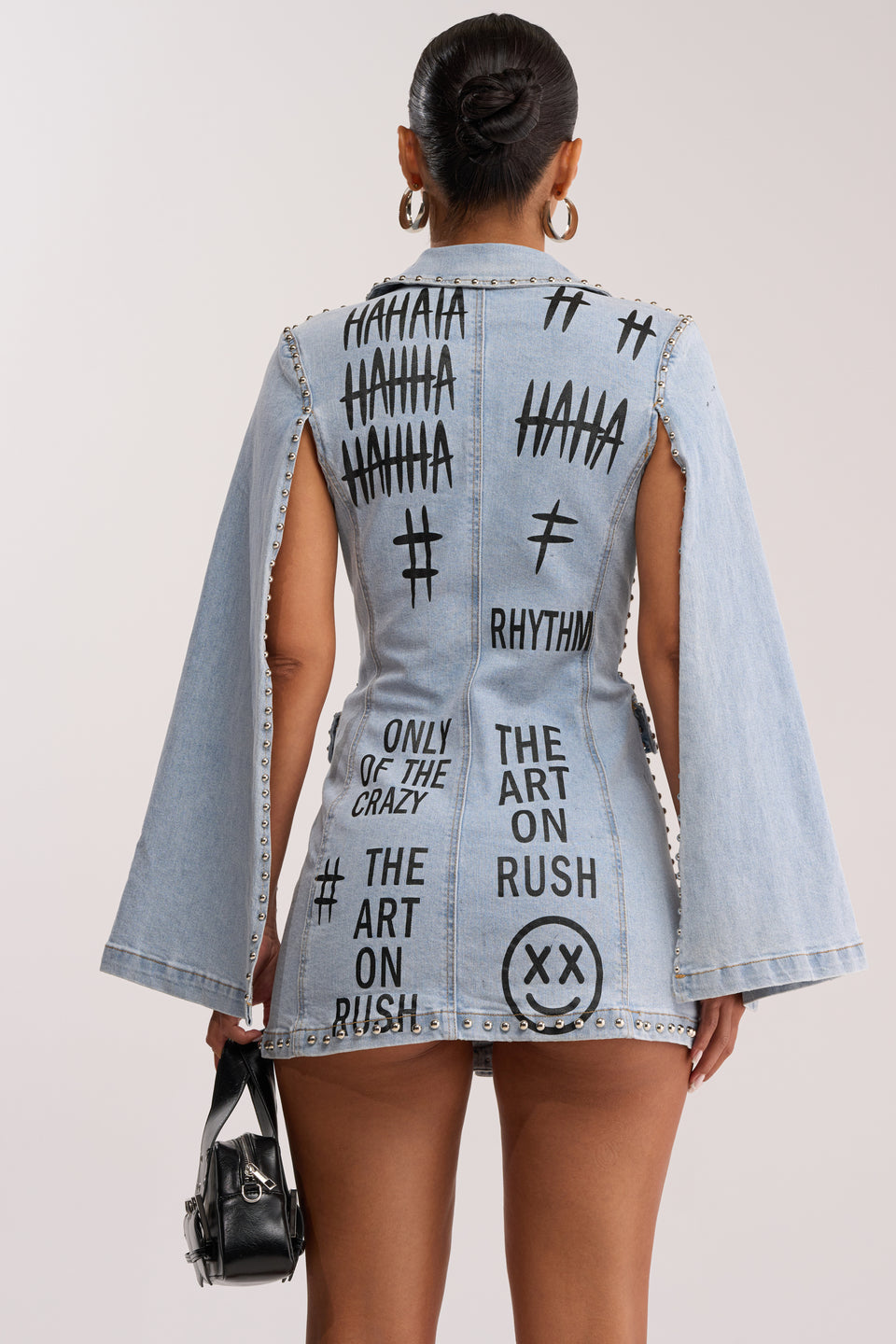 denim cape dress Marbling Asymmetric Off-Shoulder Denim Cape Dress
