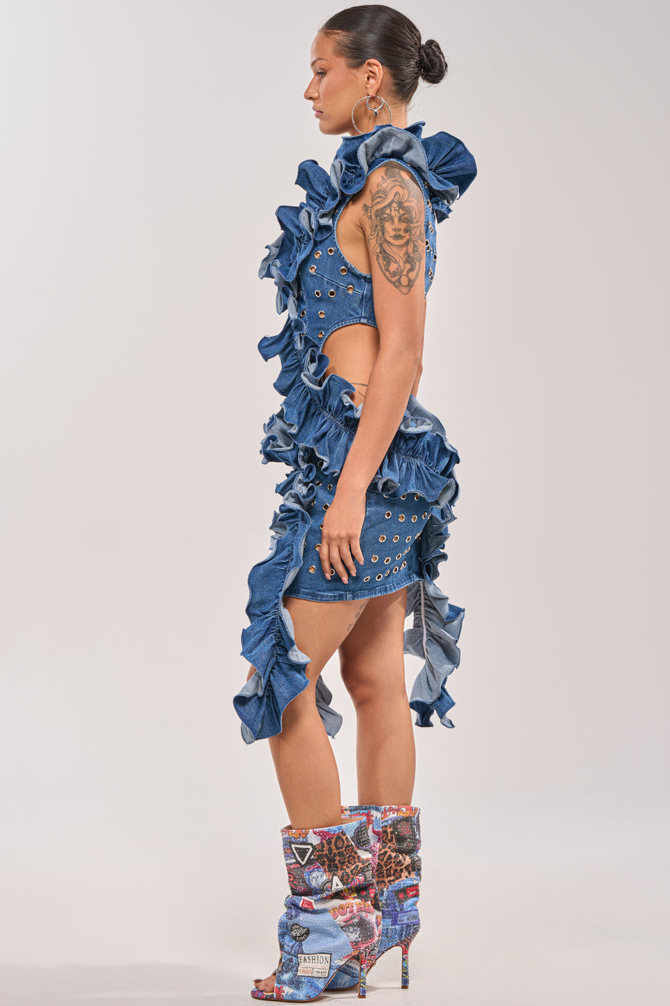 LINGERING EYES FLOCKED DENIM MINI DRESS