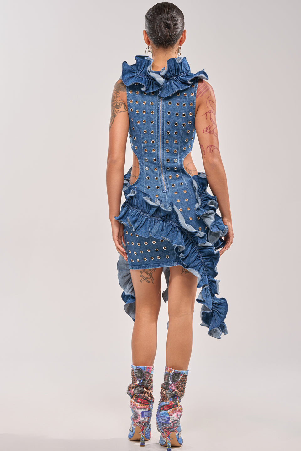 LINGERING EYES FLOCKED DENIM MINI DRESS – AKIRA