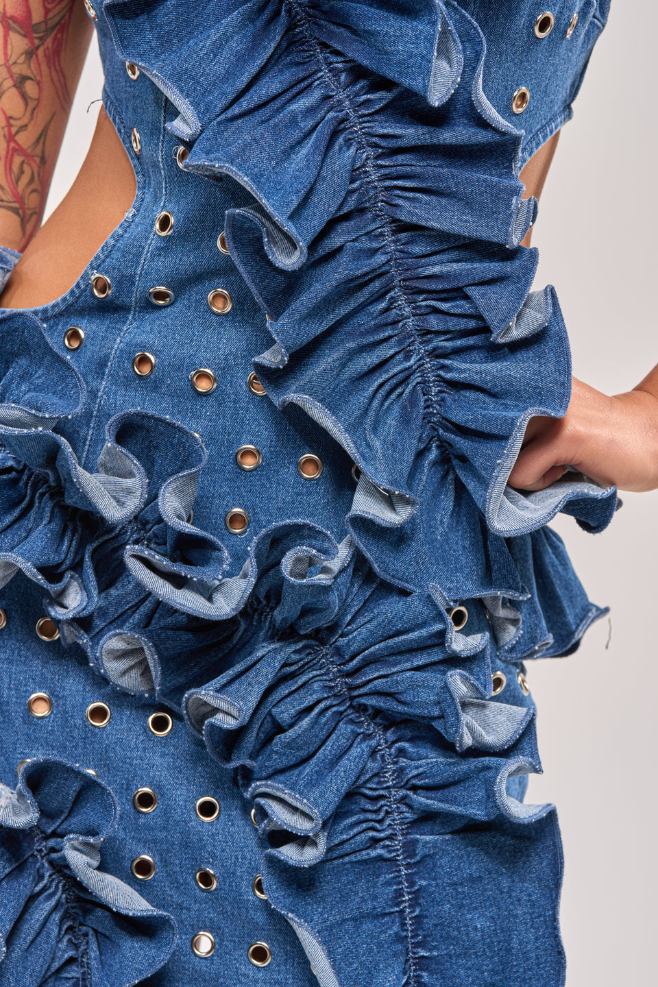 LINGERING EYES FLOCKED DENIM MINI DRESS
