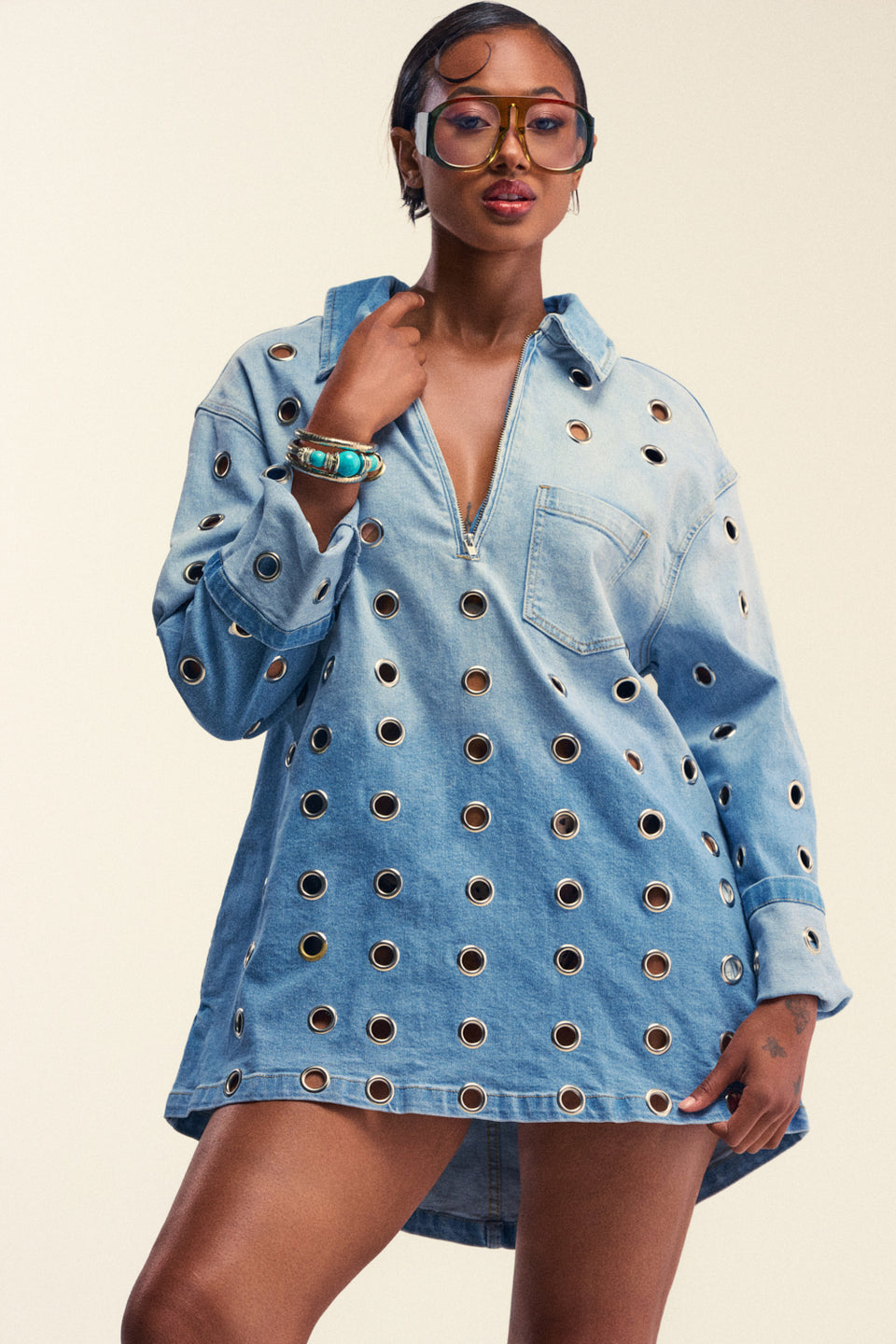 Denim Oversized Grommet Mini Shirt Dress