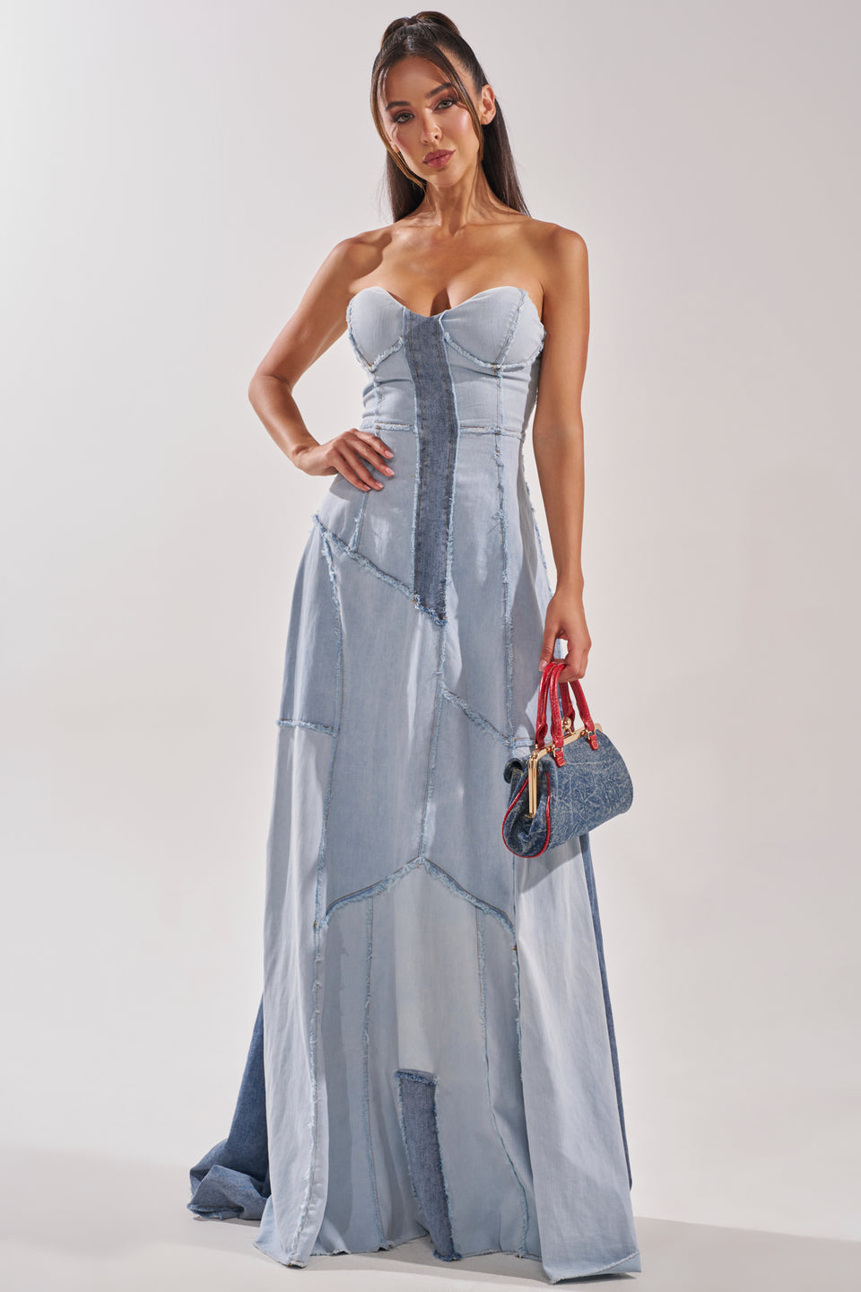 denim britney dress IT'S BRITNEY PATCHWORK DENIM MAXI DRESS – AKIRA