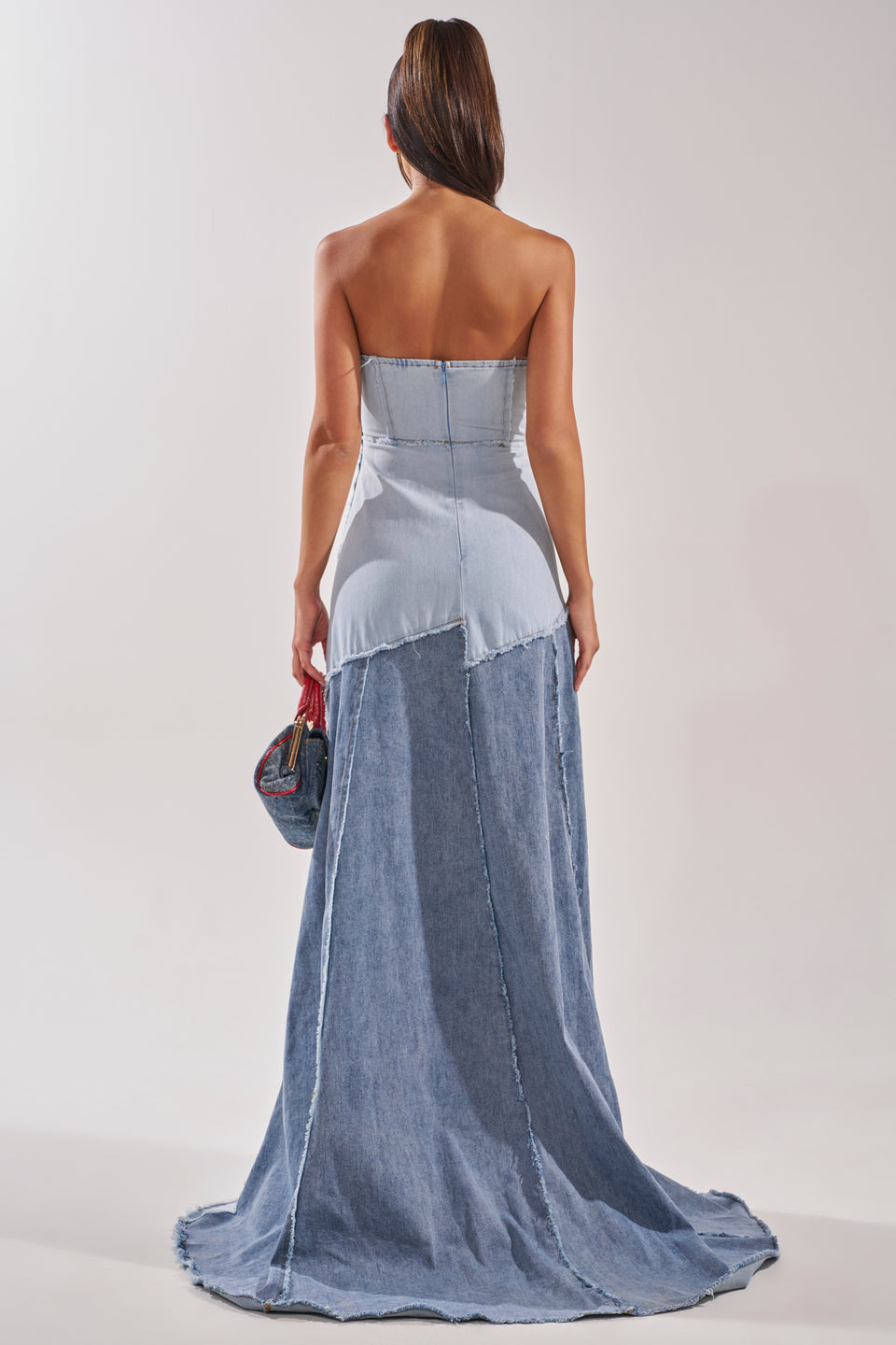 maxi dress jean IT'S BRITNEY PATCHWORK DENIM MAXI DRESS – AKIRA