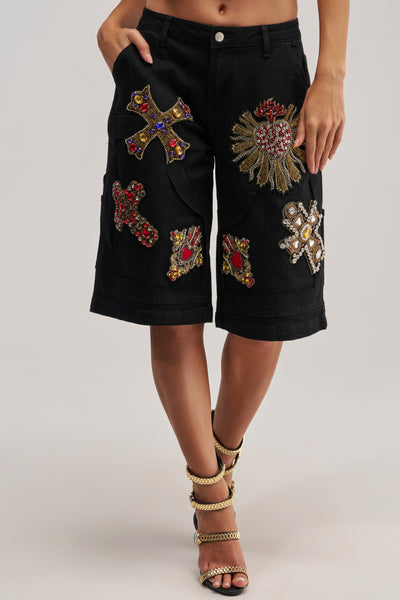 Black Denim Cargo Shorts, High Rise Loose Fit | AKIRA
