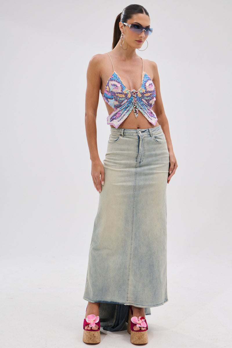 OH THE DRAMA BACK BOW DENIM MAXI SKIRT WITH TRAIN – AKIRA