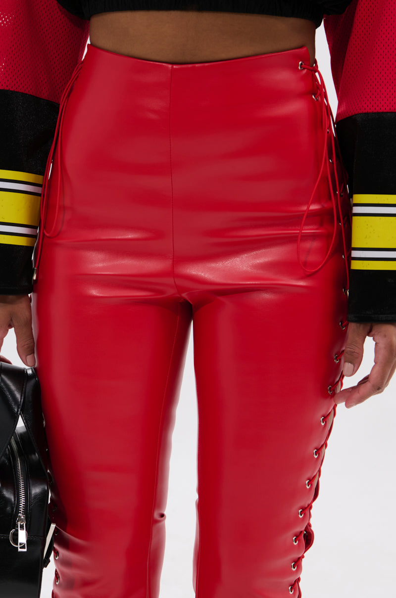 Red Faux Leather Lace Up Trousers SEXY FAUX LEATHER RED LACE-UP