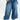 Model wears the DONT MESS WITH ME DENIM JOGGER—high-rise blue denim cargo joggers with large front pockets and a white drawstring—styled with chunky black streetwear shoes with beige laces, standing against a plain white background.