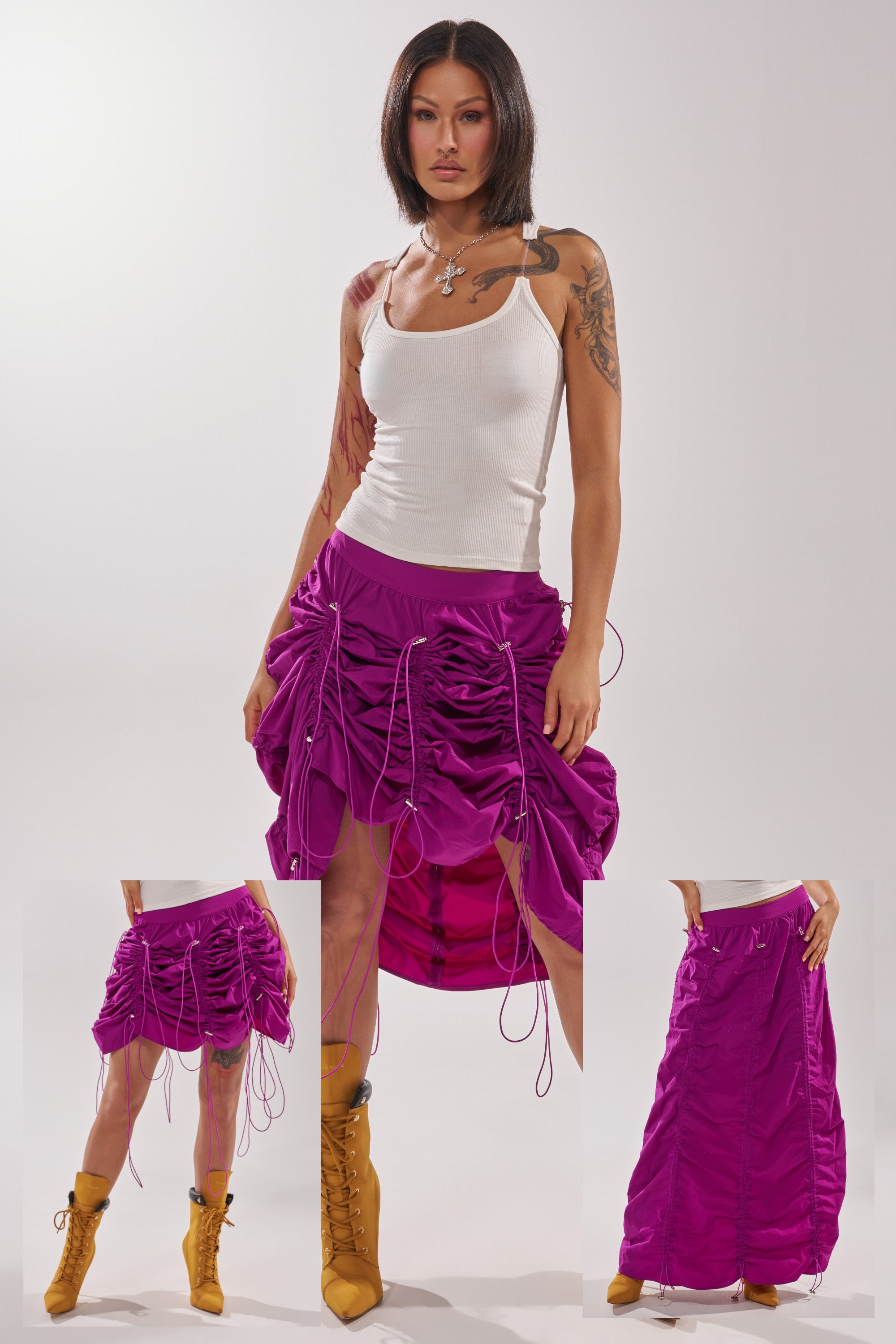 A woman wears a white tank, yellow lace-up boots, and the BELLA PARACHUTE MAXI SKIRT IN FUCHSIA. Two smaller images show the versatile streetwear skirt styled as both a short and long look. Background is plain light gray. 0