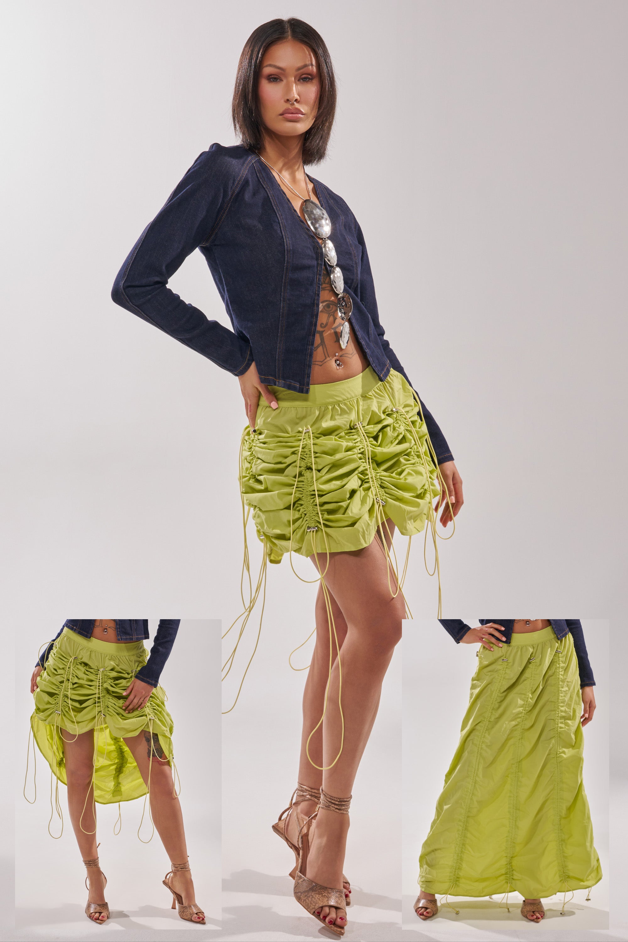 A woman models the BELLA PARACHUTE MAXI SKIRT IN YELLOW with adjustable drawcords, paired with a navy jacket and metallic top. Two smaller images display the skirt’s front and back views, styled with gold strappy heels. 0