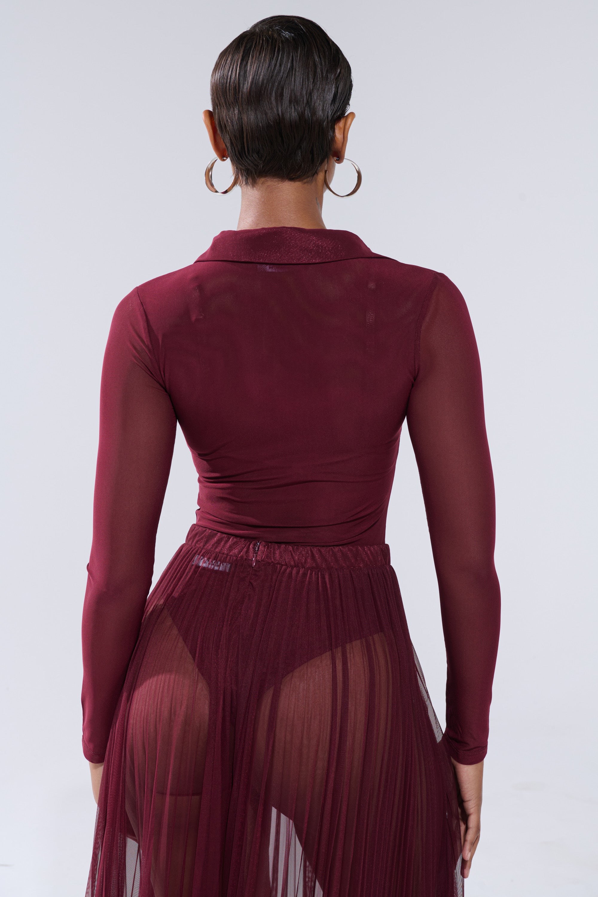 A person with short, slicked-back hair and hoop earrings is shown from the back wearing the ON FIRE MESH BODYSUIT in sheer burgundy over high-waisted underwear, with a plain light gray background. 5