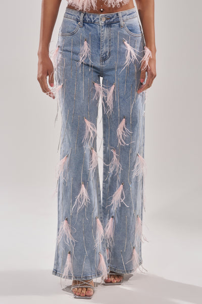 SHAKE IT FOR ME GIRL PINK FEATHER EMBELLISHED DENIM – AKIRA