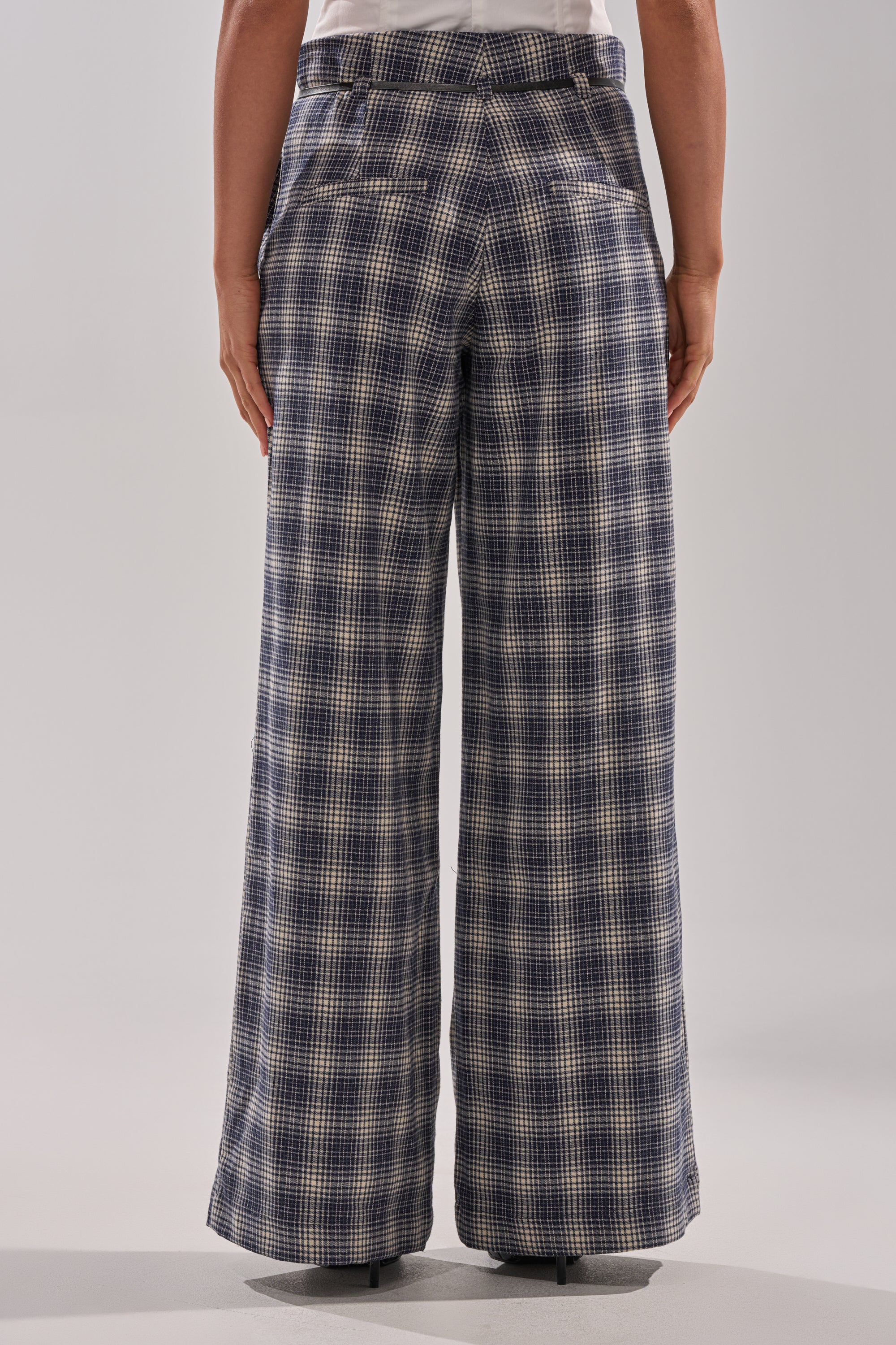 A person is seen from the back wearing JANE PLAID TROUSER—high-rise, wide-leg trousers in blue and white plaid—with arms relaxed at their sides. 4