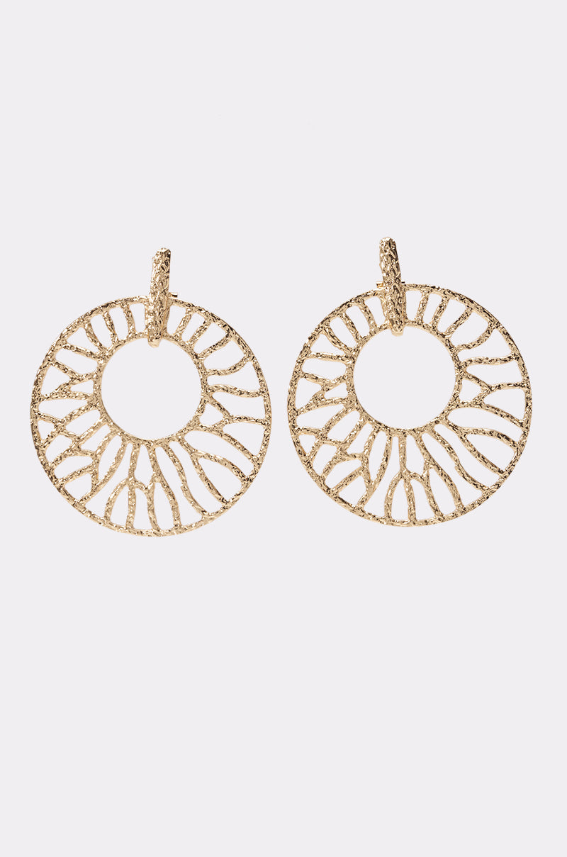 ON VACATION STATEMENT EARRING: Gold circular drop earrings featuring intricate openwork patterns inspired by sunbursts, set against a plain white background—an ideal statement piece for summer occasions.