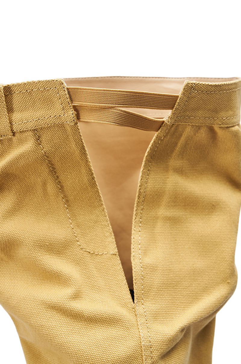 Close-up of the waistband and upper section of the AZALEA WANG JEANNI TAN PANT DETAIL OVER THE KNEE BOOT, featuring an elastic waistband insert and open front—ideal for pairing with stiletto heel styles.