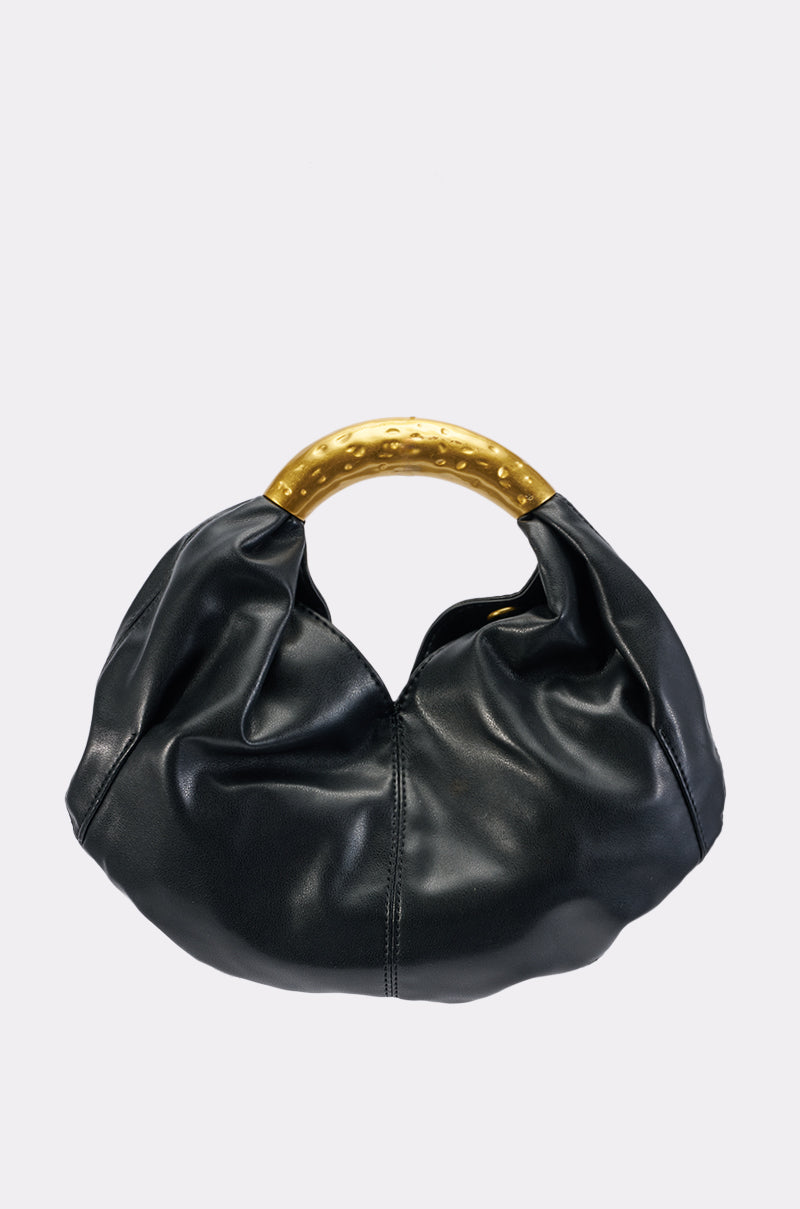 Introducing the BADDIE PURSE—a black faux leather handbag with gold hardware, featuring a textured, curved gold handle. Displayed elegantly against a plain white background, this crescent-shaped bag seamlessly blends classic style with modern sophistication.