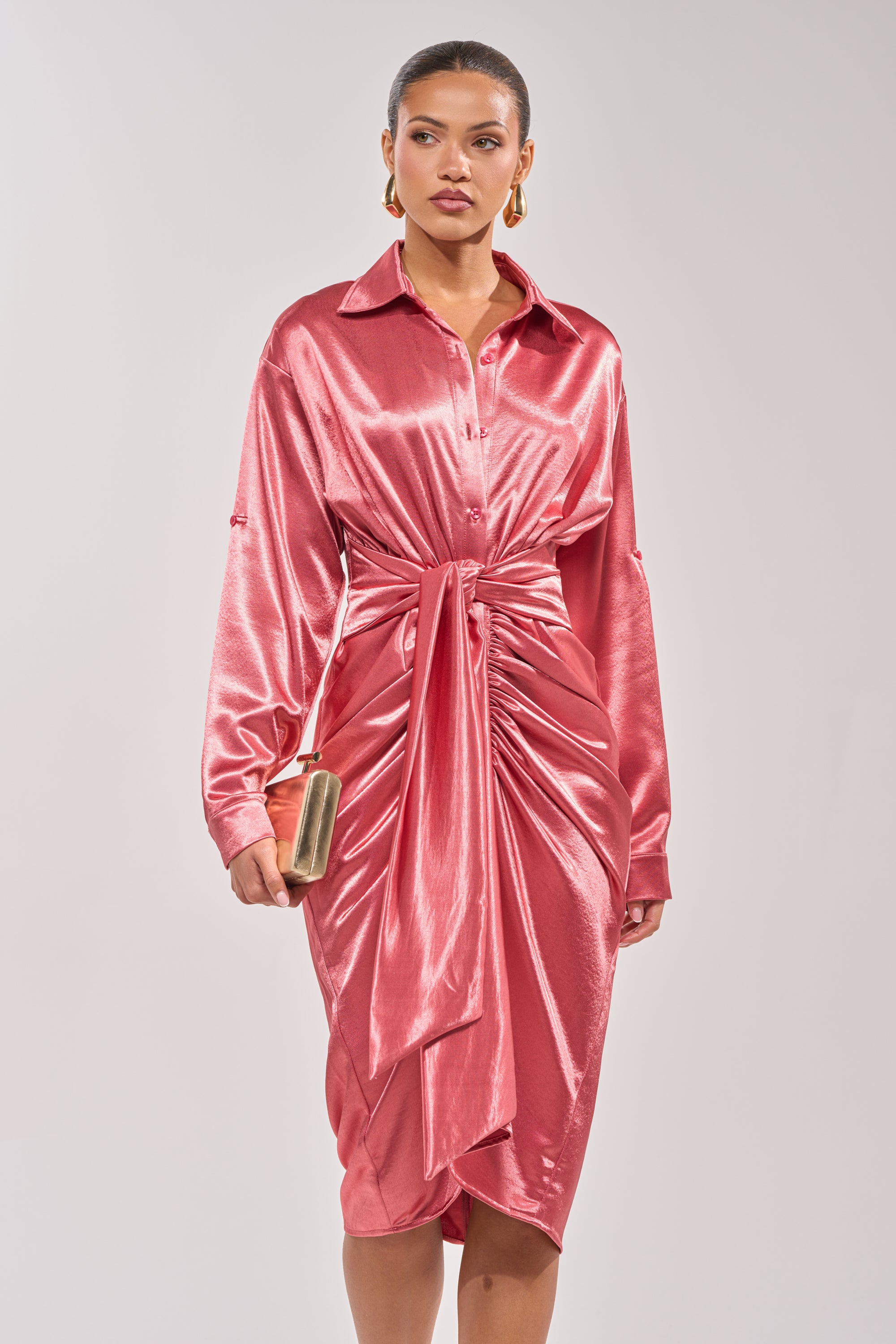 long sleeve rose gold midi dress WITH LOVE COLLARED SATIN MIDI DRESS – AKIRA