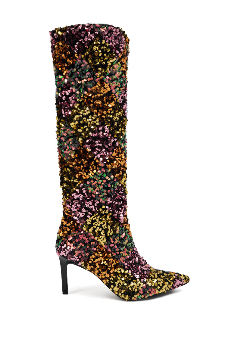 The AZALEA WANG JIMENA MULTI GOLD SEQUIN KNEE HIGH STILETTO BOOT features dense pink, gold, green, and brown sequins and a dramatic high heel for a vibrant, standout look.