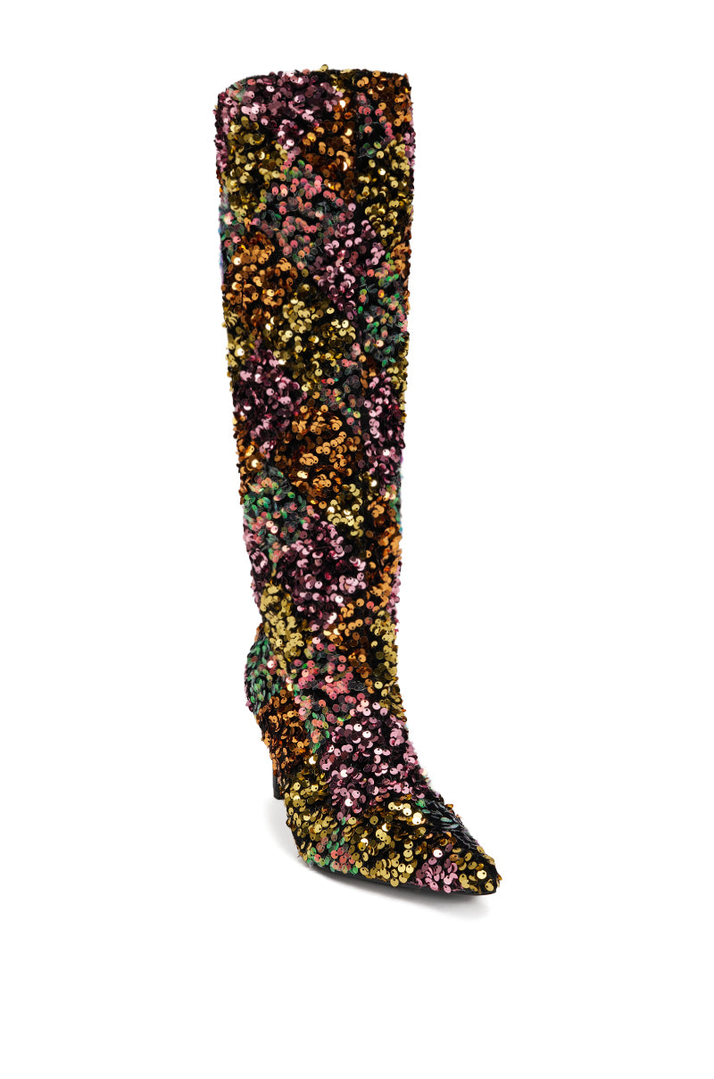 The AZALEA WANG JIMENA MULTI GOLD SEQUIN KNEE HIGH STILETO BOOT features a pointed toe, dense multicolored (gold, pink, green, purple) sequins, and a high stiletto heel for standout style.