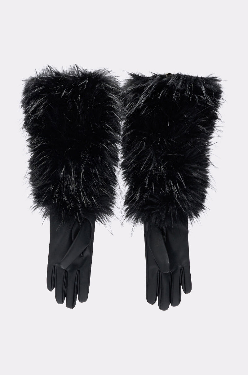 The STAY EXPENSIVE FAUX FUR GLOVES are black winter gloves with long, fluffy faux fur cuffs, shown side by side on a light background. 2
