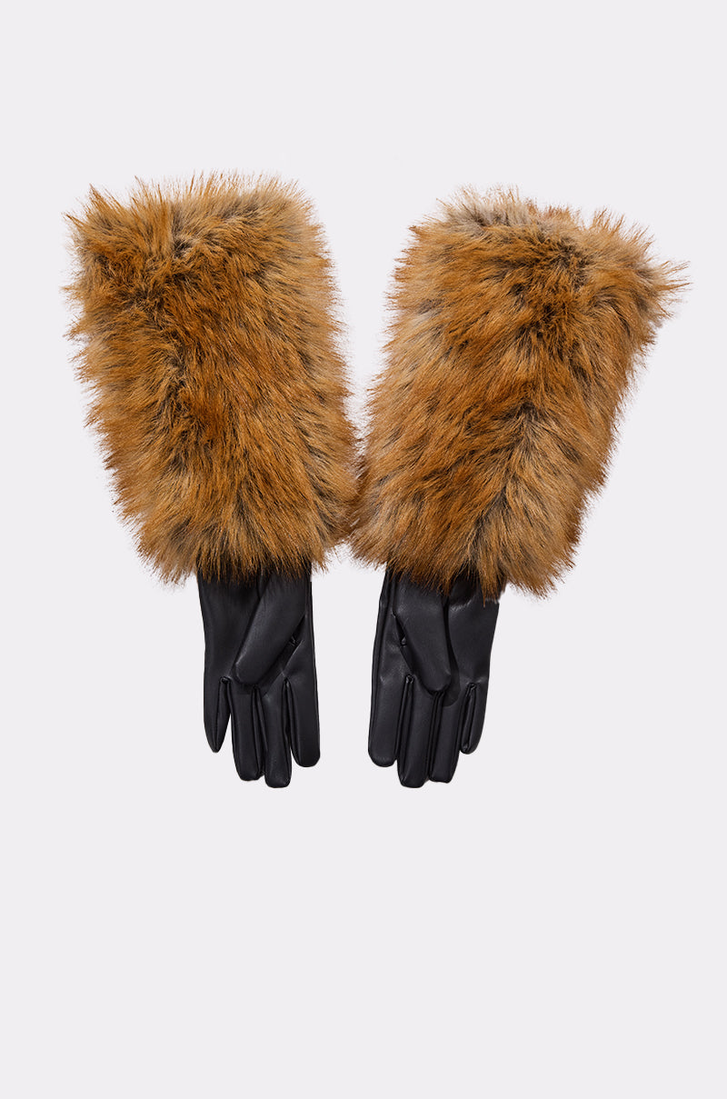 TOO EXPENSIVE FOR YOU FAUX FUR GLOVES: Black faux leather gloves featuring large, fluffy brown faux fur cuffs, showcased against a plain light gray background.