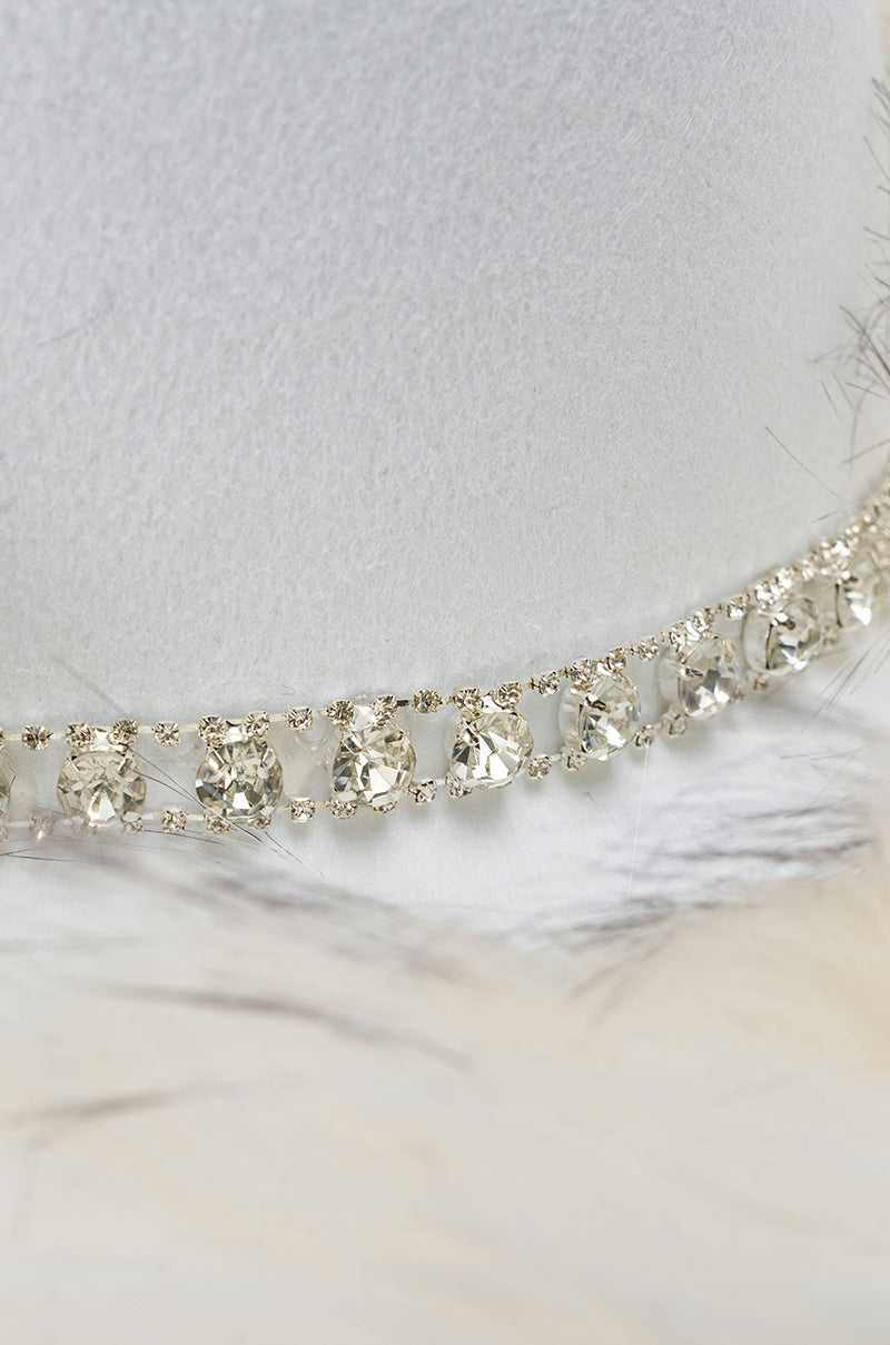 Close-up of the LETS RIDE FAUX FUR TRIM COWBOY HAT, showcasing a sparkling rhinestone band and soft white faux fur trim for a blend of classic cowboy style and cozy winter elegance. 7