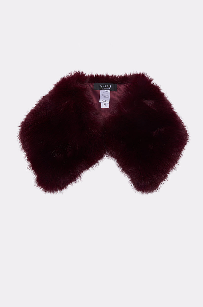 The ALAIA FAUX FUR COLLAR, a dark burgundy shawl with an AKIRA Label, is displayed against a plain white background. 2