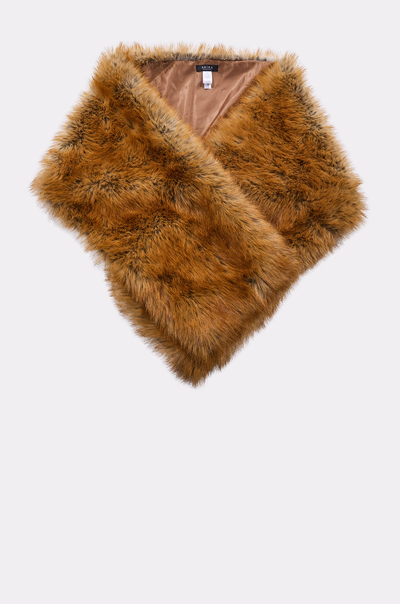 The REALLY LIKE THAT FAUX FUR SCARF is an oversized brown faux fur stole with a soft, fluffy texture and a satin lining, pictured against a plain light gray background.