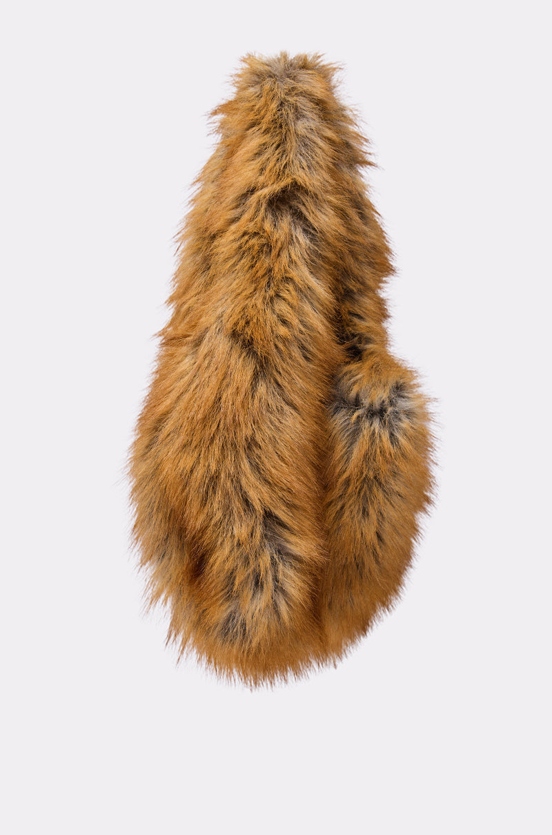 A long, fluffy faux fur scarf in reddish-brown with black and gray highlights, shown on a white background—perfectly pairs with the REALLY LIKE THAT FAUX FUR MINI TOTE for a coordinated, chic look. 2
