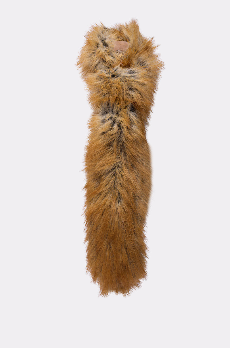 The REALLY LIKE THAT FAUX FUR TIE by AKIRA Label is a long, brown faux fur scarf with black accents, a fluffy texture, and a looped design, shown on a plain white background. 3
