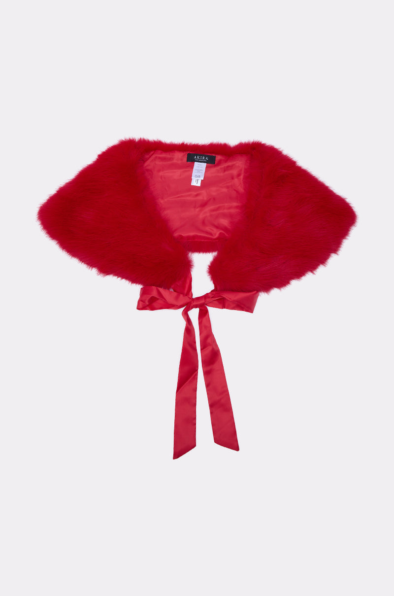 The WITH A BOW FAUX FUR SHAWL is a vibrant red evening accessory, featuring faux fur, a silky red lining, and wide satin front ties—perfect for formal gowns. Displayed on a plain white background. 4