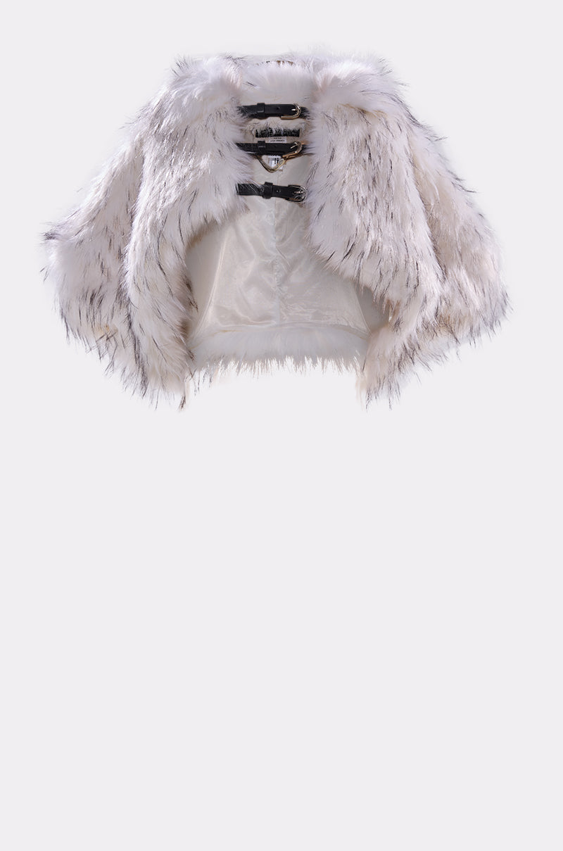 The LUXE LIFE FAUX FUR SHAWL IN WHITE features a chic faux fur design, soft lining, open front, and three black buckle closures—an elegant wrap for evenings. 8