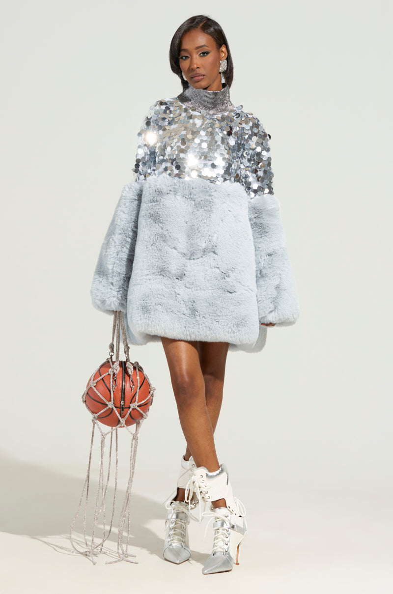 CRESSIDA SEQUIN FAUX FUR MINI DRESS  AKIRA