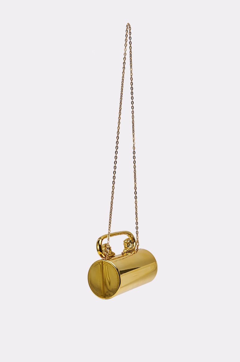 The LETS GO OUT CLUTCH BAG is a small, shiny metallic gold cylindrical evening bag with a long gold chain strap and a short handle, shown against a plain light background. 5