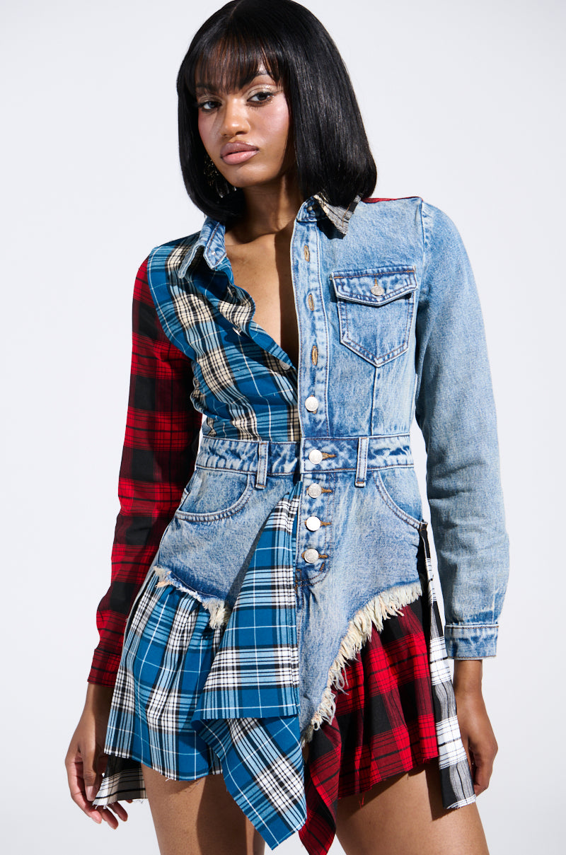 PATCHWORK PLAID DENIM MINI DRESS – AKIRA