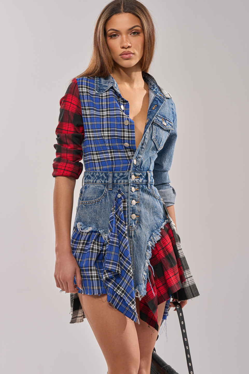 red denim dress AKIRA Patchwork Plaid Denim Mini Dress
