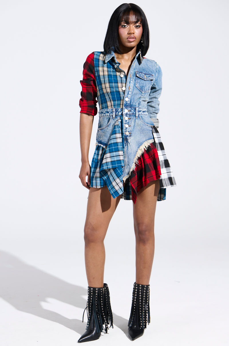 PATCHWORK PLAID DENIM MINI DRESS – AKIRA - Main Image