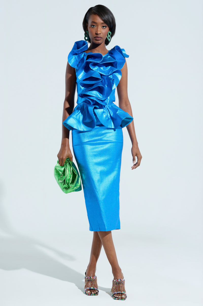 JULIANA METALLIC PEPLUM MIDI DRESS IN BLUE – AKIRA