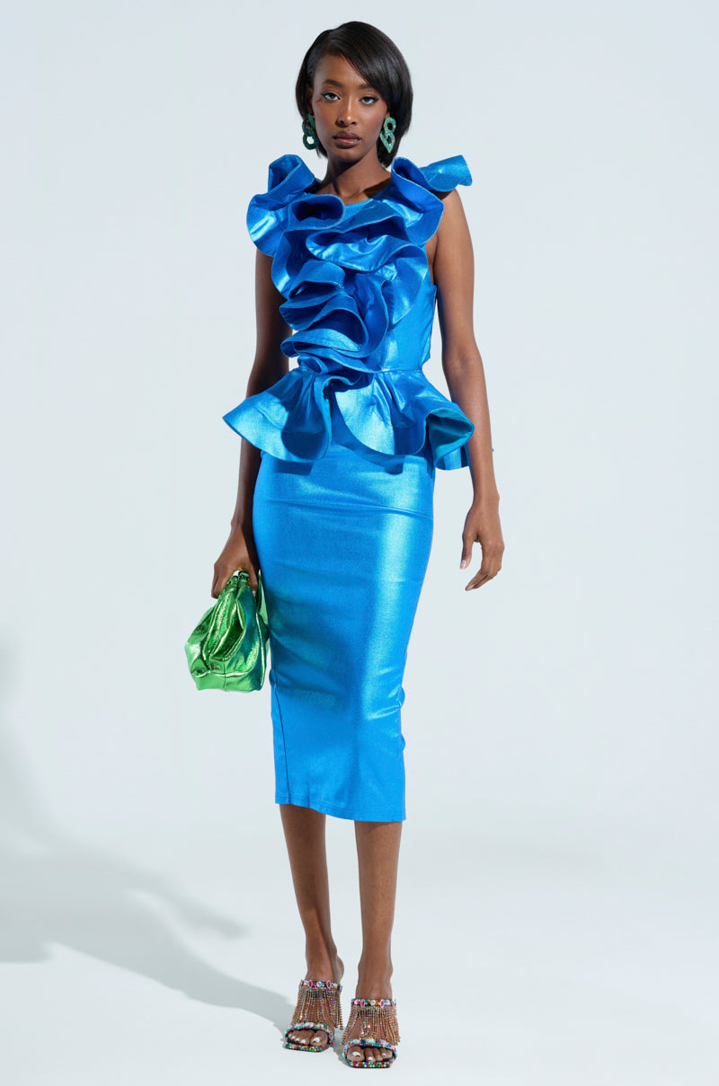 JULIANA METALLIC PEPLUM MIDI DRESS IN BLUE – AKIRA