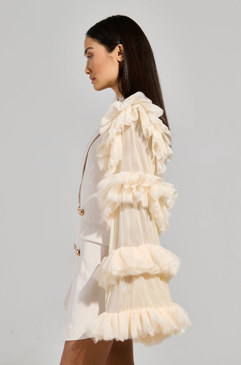 A woman with long dark hair is wearing the Living Over The Top Ruffle Sleeve Blazer Mini Dress in white, featuring layered ruffle sleeves that add volume and elegance to her profile against a plain gray background.