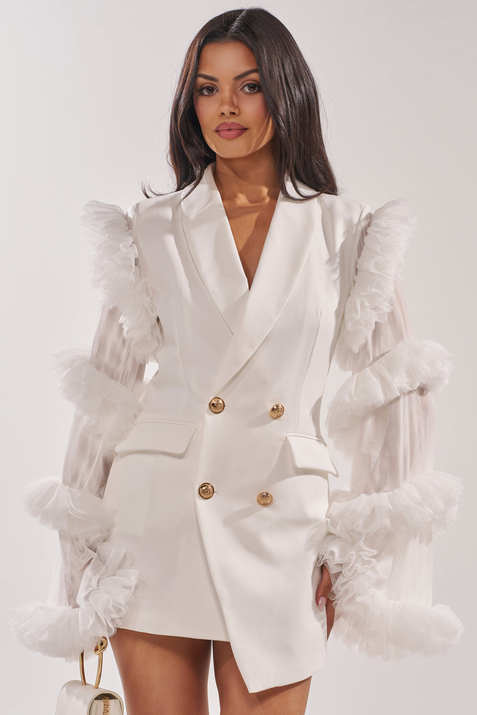 white mini blazer dress Six Stories Wrap Front 8 Womens functional pocket flaps add structure AKIRA Living Over The Top
