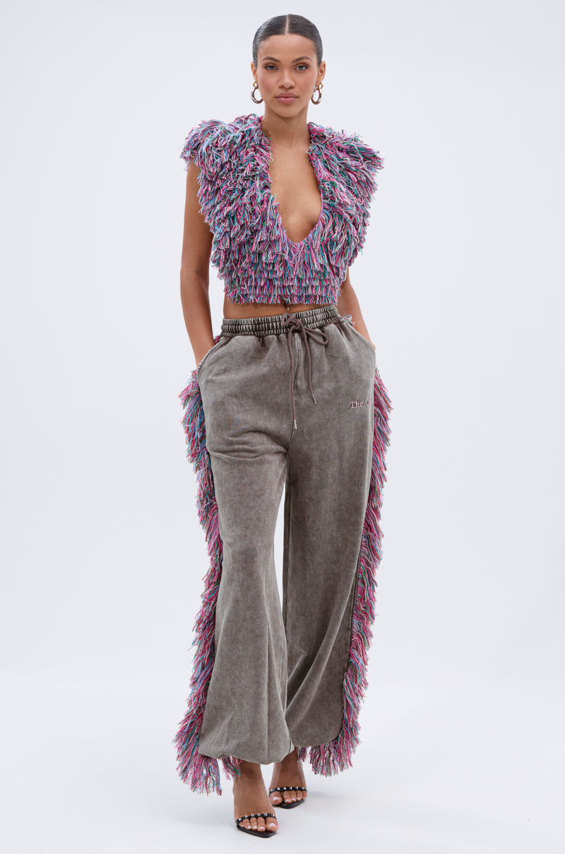 【WONDER WONDER】unique print hem string jogger banding pt THE ONE WIDE LEG JOGGER WITH FRINGE – AKIRA