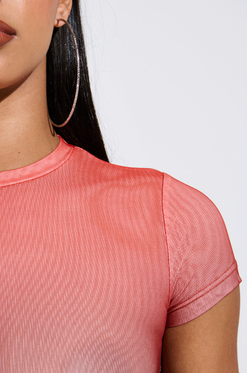 A close-up showcases a person in an AKIRA Label DID IT AGAIN OMBRE MESH TSHIRT with short sleeves and a cropped fit. Their long dark hair flows down, highlighting large hoop earrings against a plain white background.