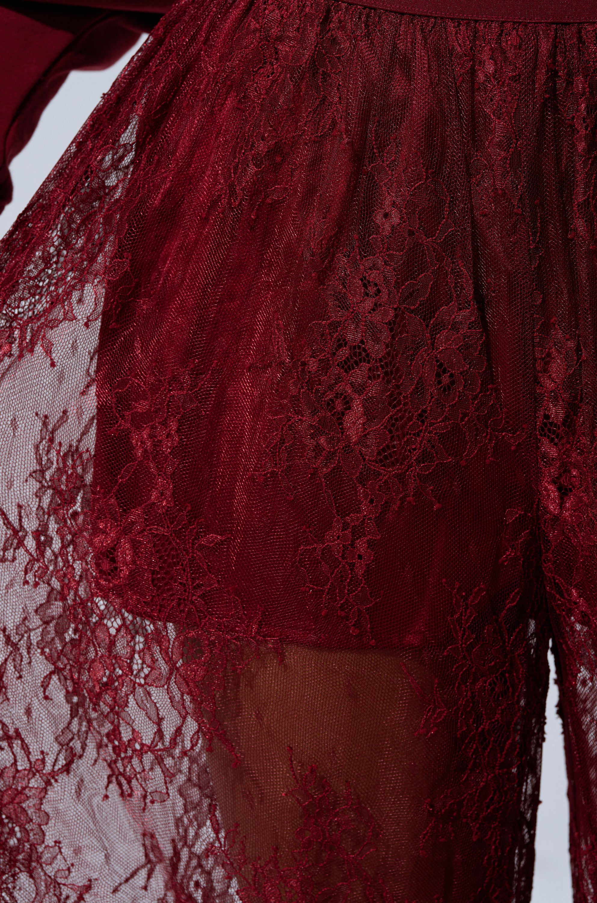 Close-up of TOO TRENDY LACE PANTS in burgundy with intricate floral lace, sheer overlay, opaque underlayer, and a flattering high-rise waist. 6