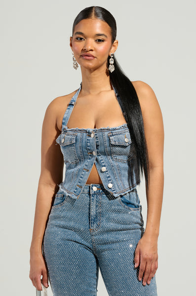 JOLIE RHINESTONE EMBELLISHED DENIM CORSET – AKIRA