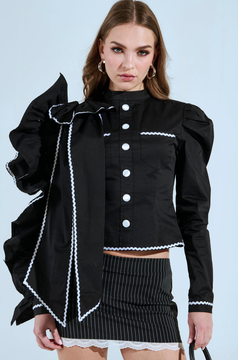 BRING THE DRAMA POPLIN BOW TOP IN BLACK – AKIRA