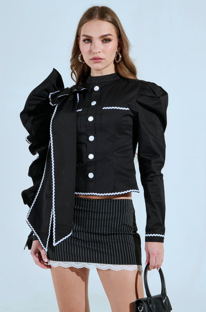 BRING THE DRAMA POPLIN BOW TOP IN BLACK – AKIRA