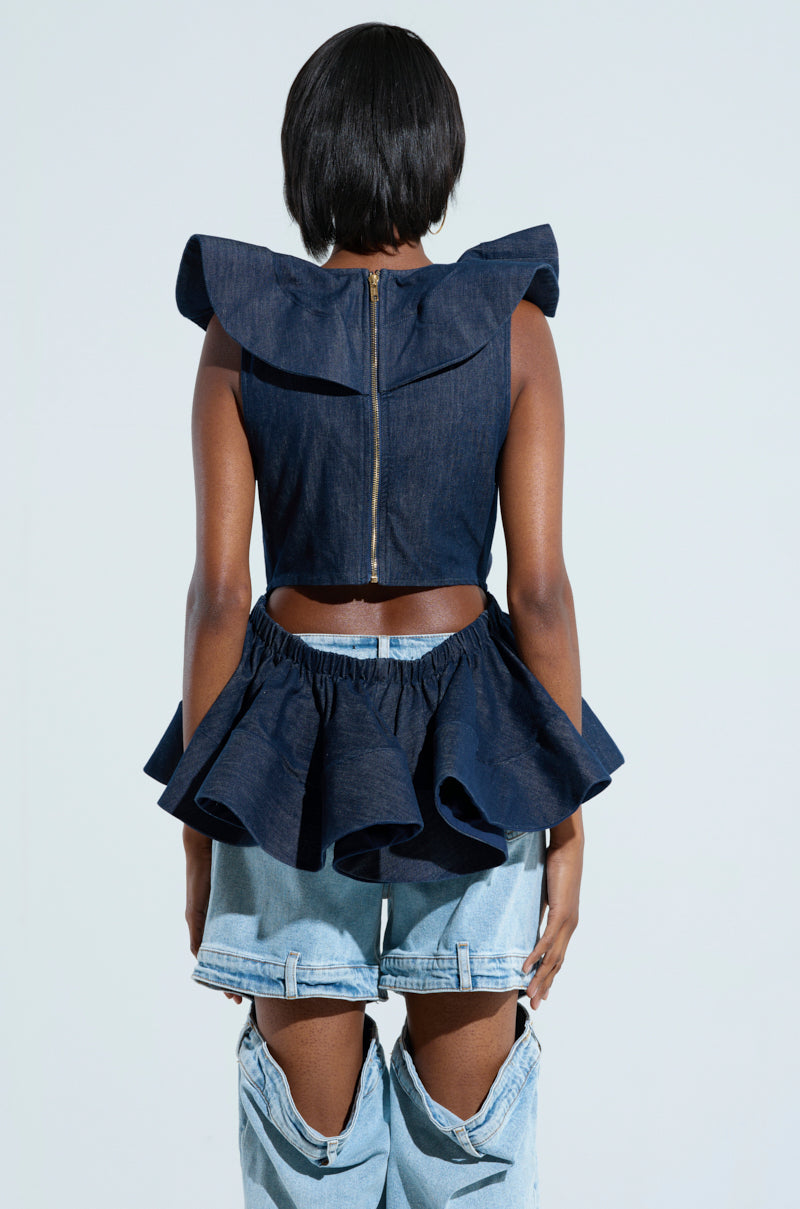 A person with short black hair is facing away, showcasing a MISS FASHIONISTA SLEEVELESS BLOUSE featuring a large ruffle collar and zipper, paired with unique denim shorts that have open panels and ruffled edges. The background is light and neutral.