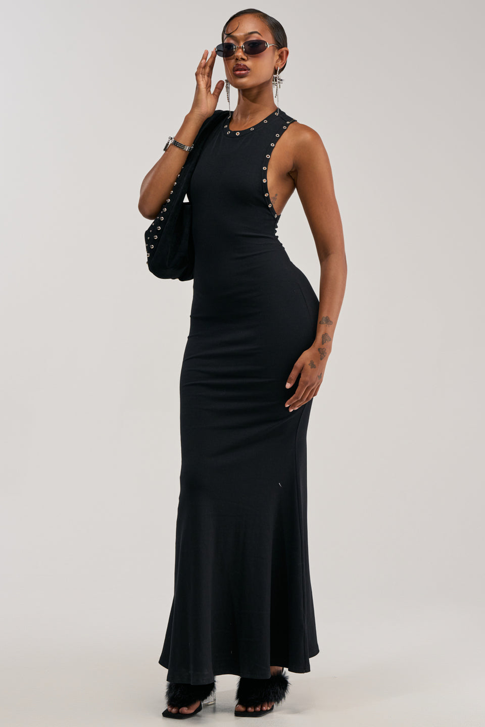 black studded dress Knit with Ruffle Hem -5374 shoulder design with double strap detail for a contemporary silhouette All Black Faux Leather Studded Mini