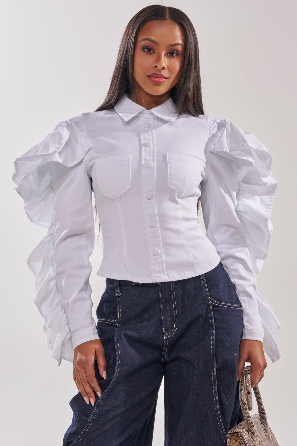 ruffle dress shirt women's OL Women Satin Work Long Sleeve Formal Tops High Neck Frilly Ruffle Shirt Blouse